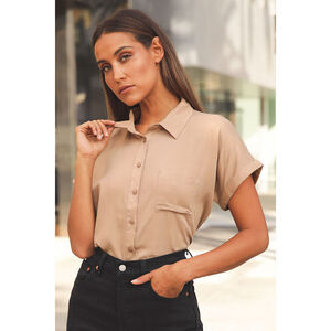 Lulus Blythe Beige Short Sleeve Button-up Top - Size M